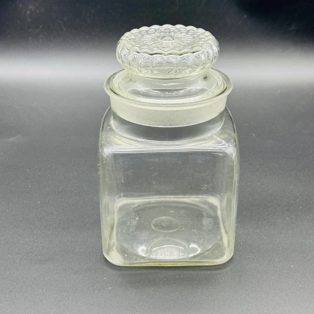 Vintage Clear Glass Square Apothecary Jar with Bubble Texture Lid‎